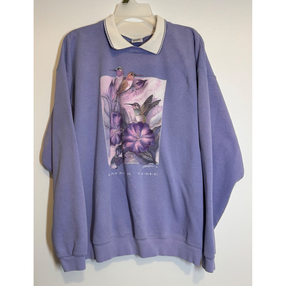 Vintage Hummer Time Hummingbird Purple Collared Sweatshirt XL Bergsma Fleece